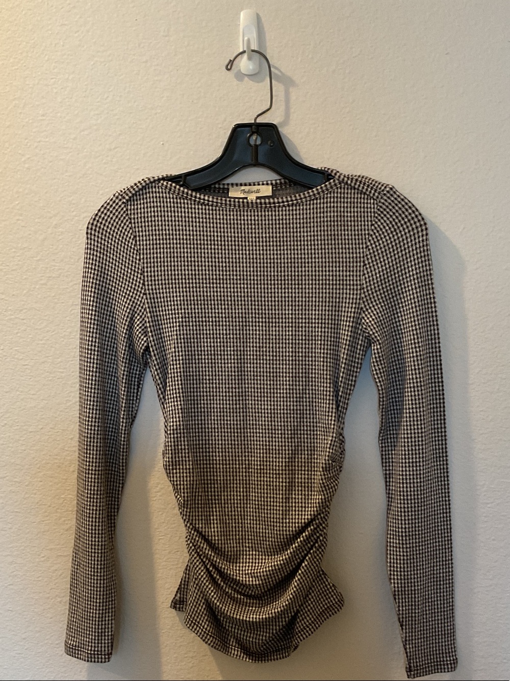 Madewell Black & White Houndstooth Ruched Long-Sleeve Top
